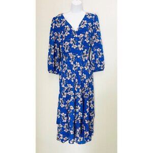 Eliza J Blue & White Floral Print Dress V-Neck 3/4 Sleeve Fit & Flare Size 12
